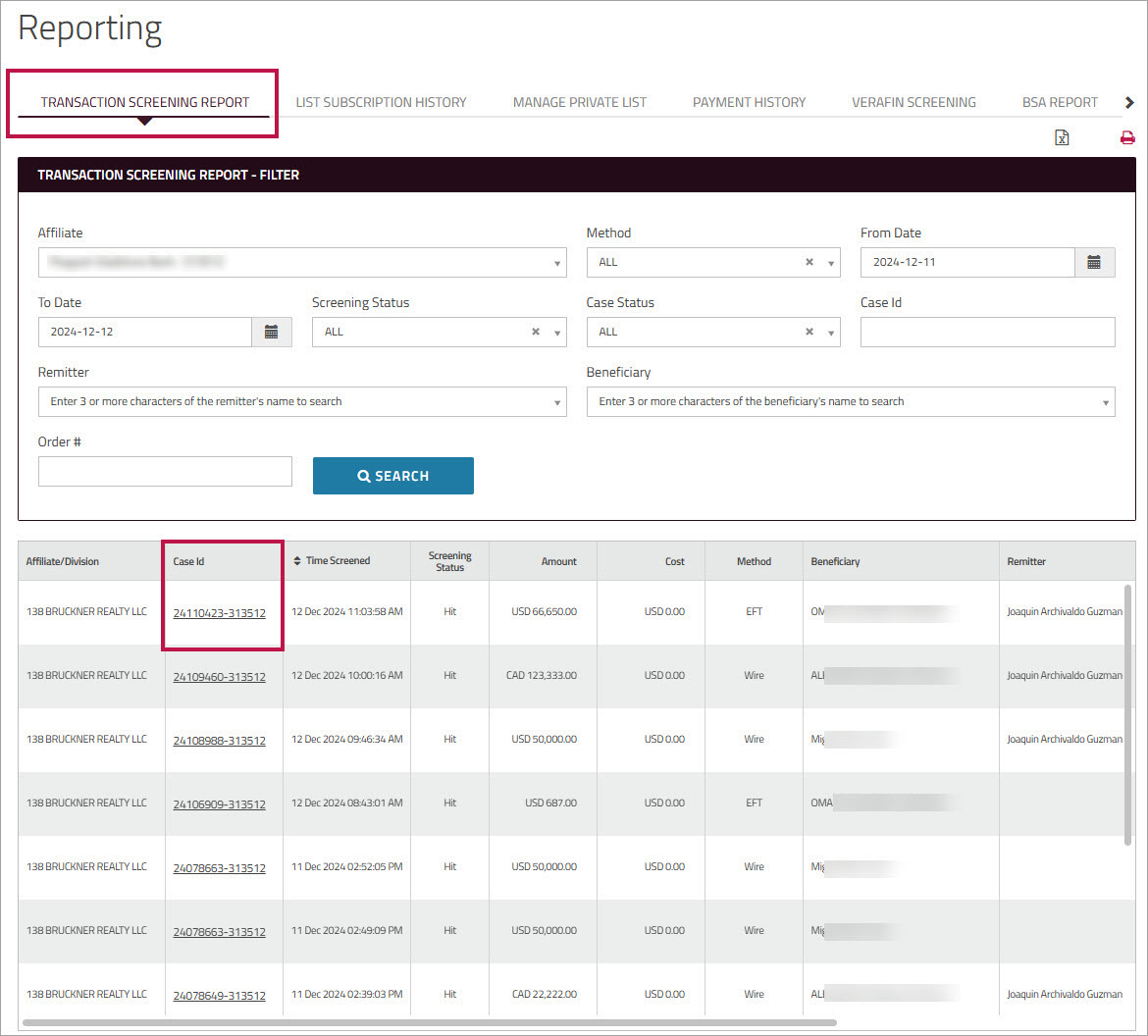 Transaction Screening Report